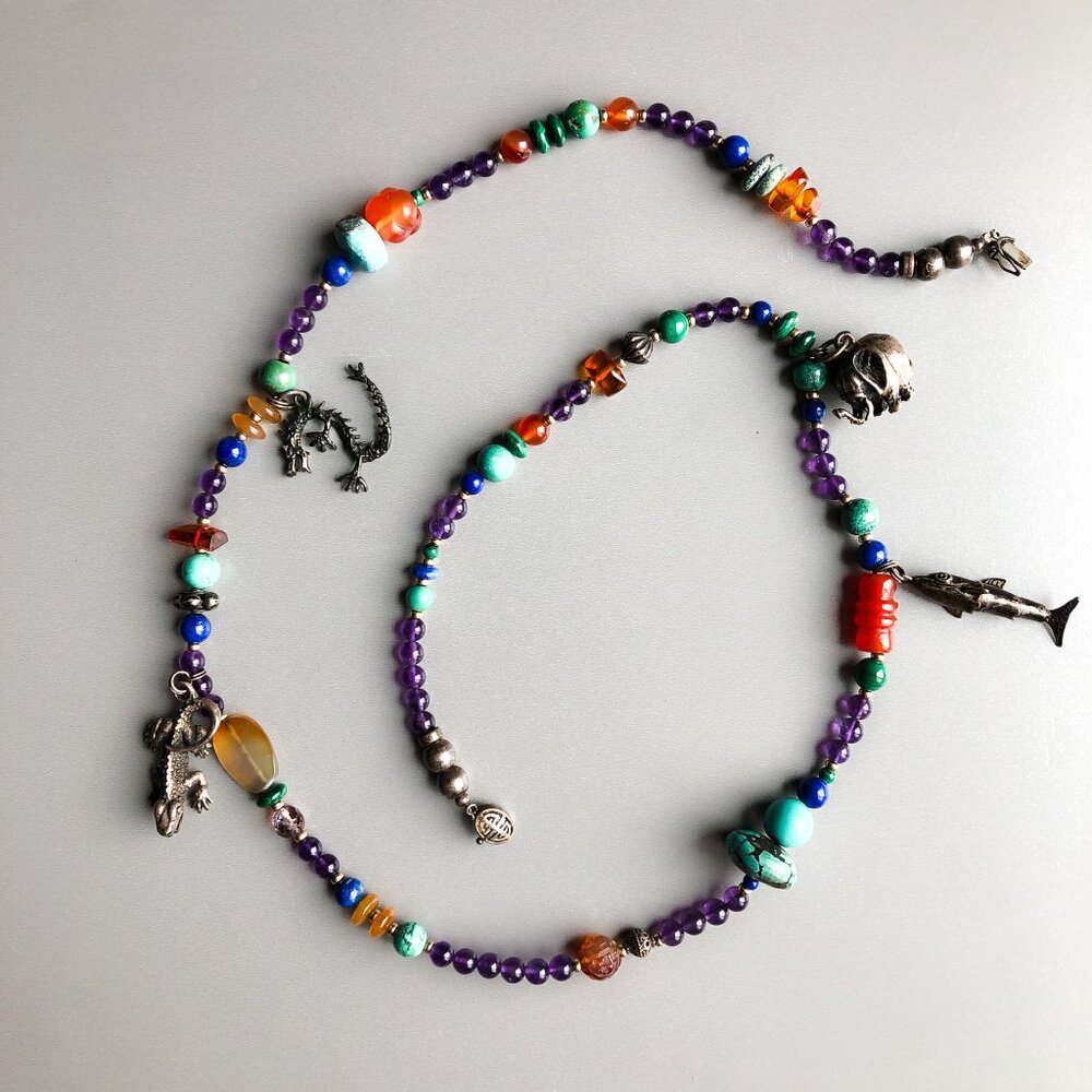 Chinese treausure necklace amethyst carnelian turquoise sterling